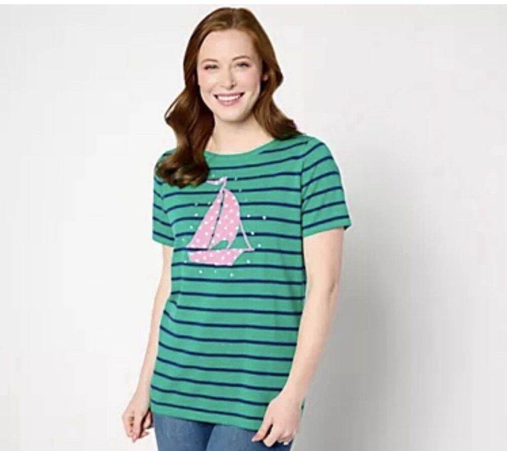 Quacker Factory Women's Top Sweater XL Polka Party Green Preppy Nautical Coastal